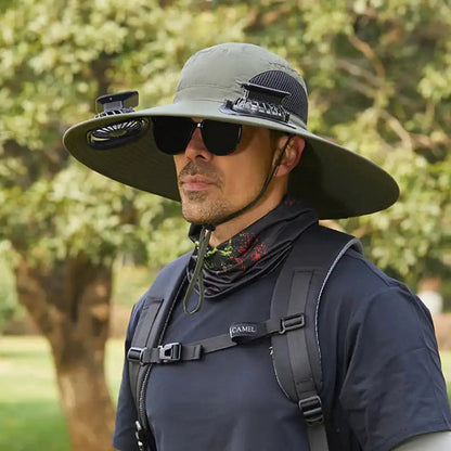 Men's Solar Fan Hat with 15cm Brim | Dual USB-Charged Ventilation & UV Protection for Hiking/Fishing