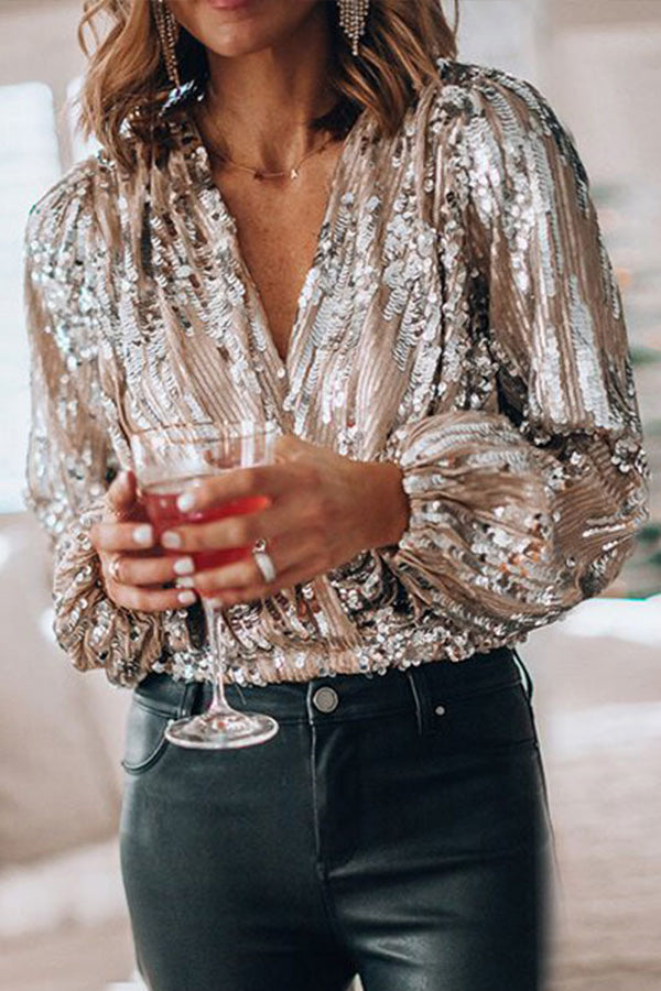 Women's Sparkly V-Neck Blouse with Glitter Details - OutfitLondon