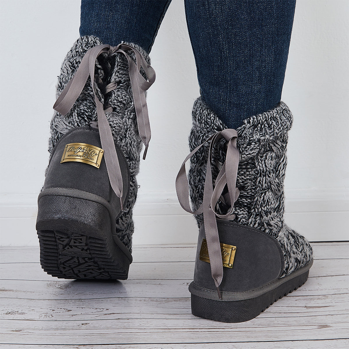 Knit Splicing Warm Ankle Boots Lace Up Winter Short Booties