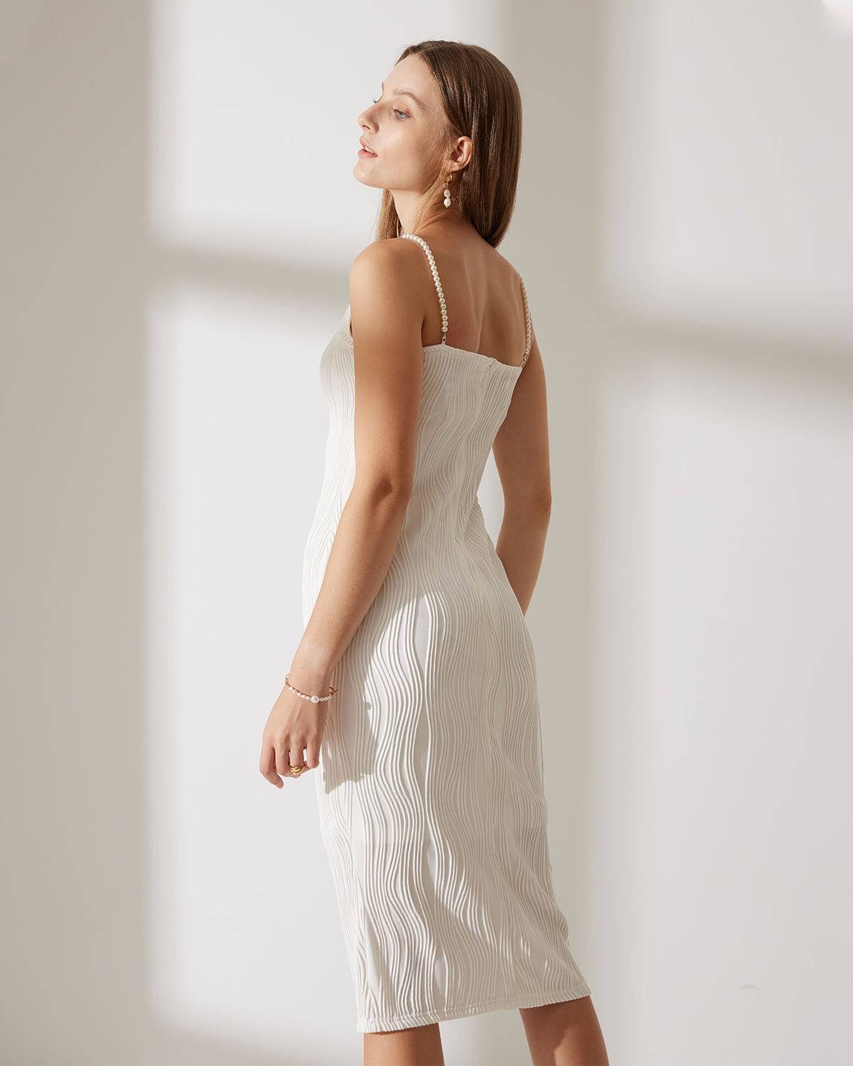 Charlotte | Textured Fit Pearl Strap Wedding Guest Dress