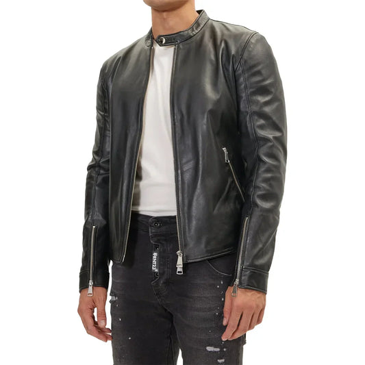 Men's Leather Motorcycle Jacket Black Zipper Cuffs - OutfitLondon