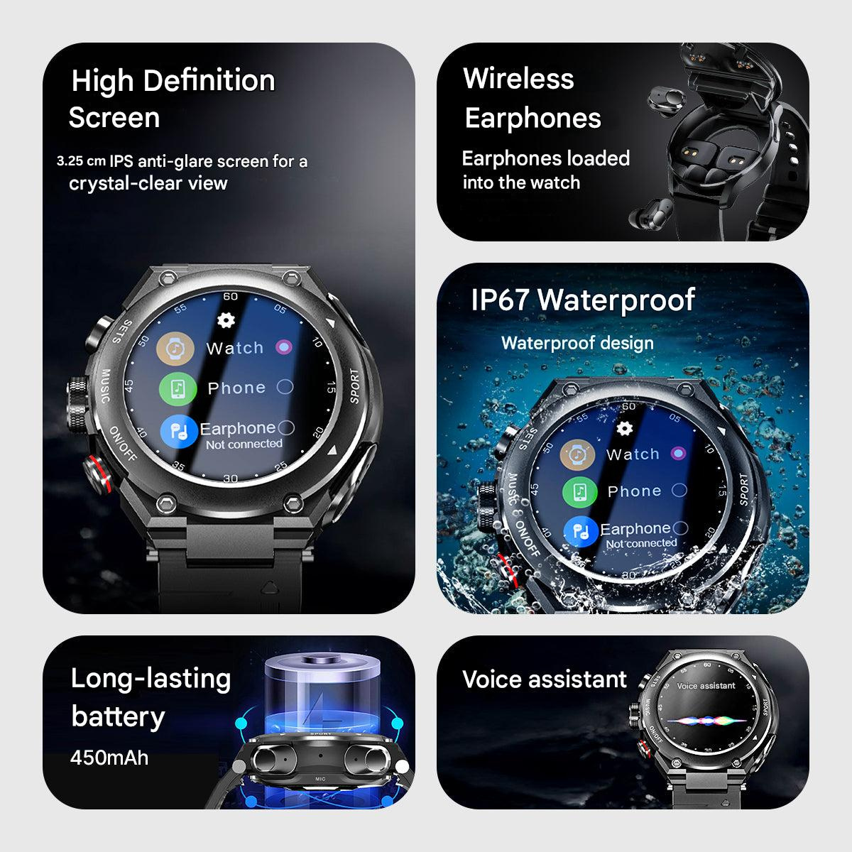Advanced Smartwatch with Integrated Bluetooth Earbuds