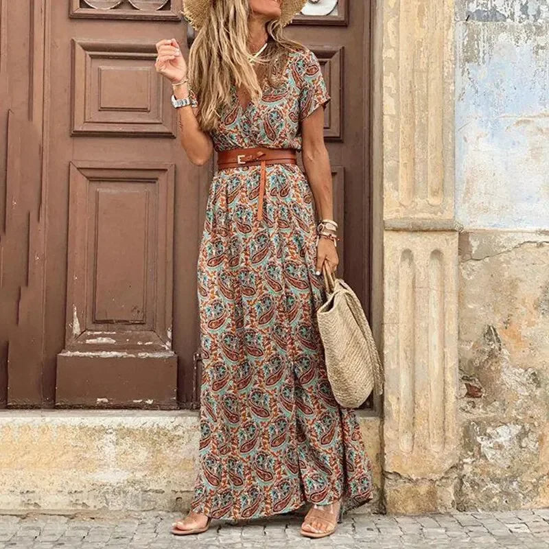 Elegant V-Neck Waist Belt Maxi Dress for Women