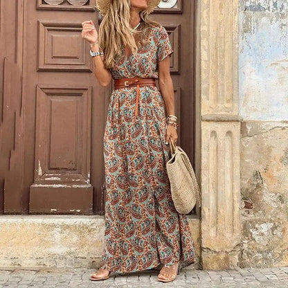Elegant V-Neck Waist Belt Maxi Dress for Women