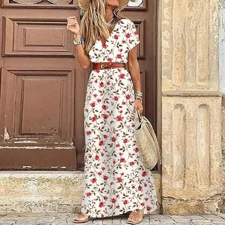 Elegant V-Neck Waist Belt Maxi Dress for Women