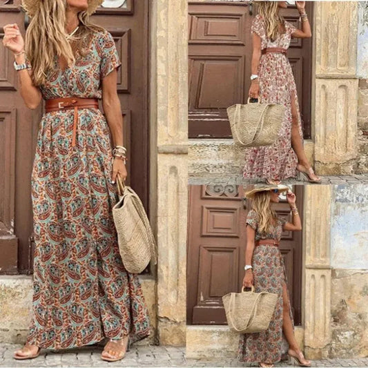 Elegant V-Neck Waist Belt Maxi Dress for Women - OutfitLondon