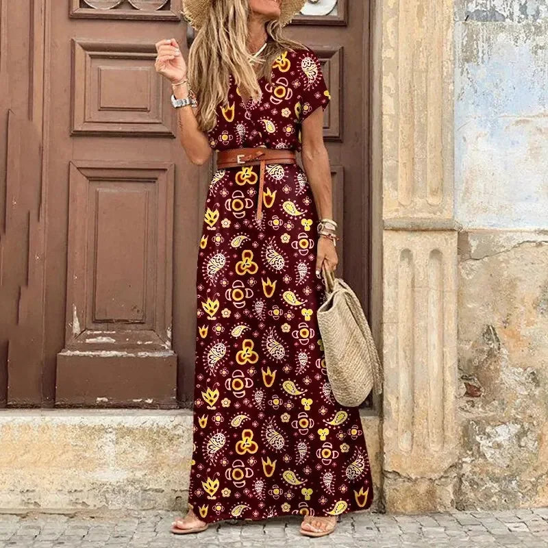 Elegant V-Neck Waist Belt Maxi Dress for Women