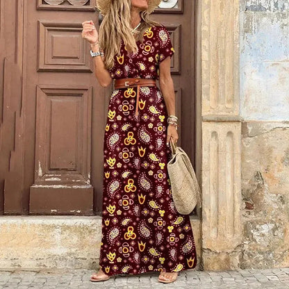 Elegant V-Neck Waist Belt Maxi Dress for Women
