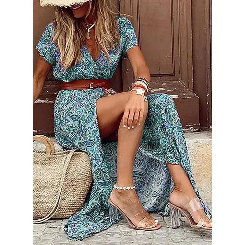 Elegant V-Neck Waist Belt Maxi Dress for Women