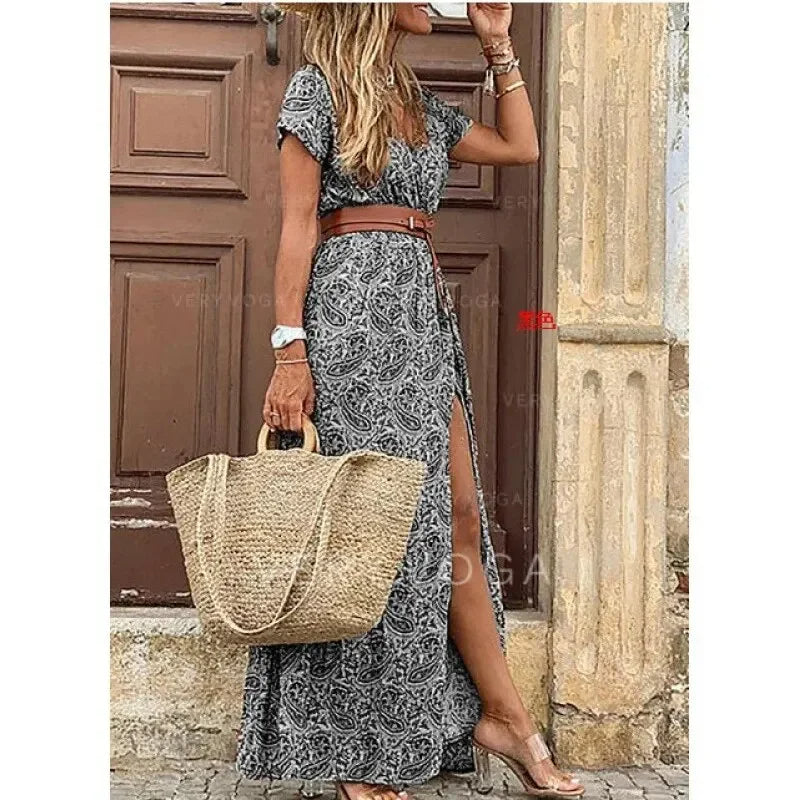 Elegant V-Neck Waist Belt Maxi Dress for Women