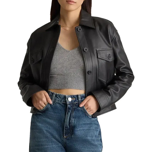 Women's Leather Trucker Jacket Black - OutfitLondon