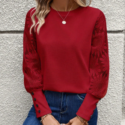 Women's Classic Floral Lace Top - Feminine Round Neck Tee