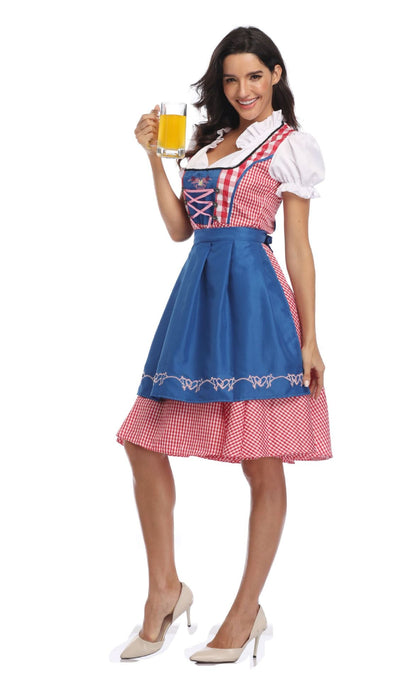 Women's Traditional Cotton Dirndl Dress with Apron and Ribbon