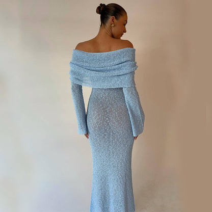 Women's Elegant Knitted Off-Shoulder Long Sleeve Dress