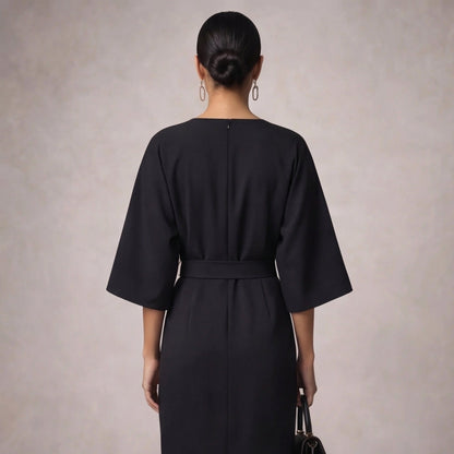 Women's Elegant Waist Belt Midi Dress