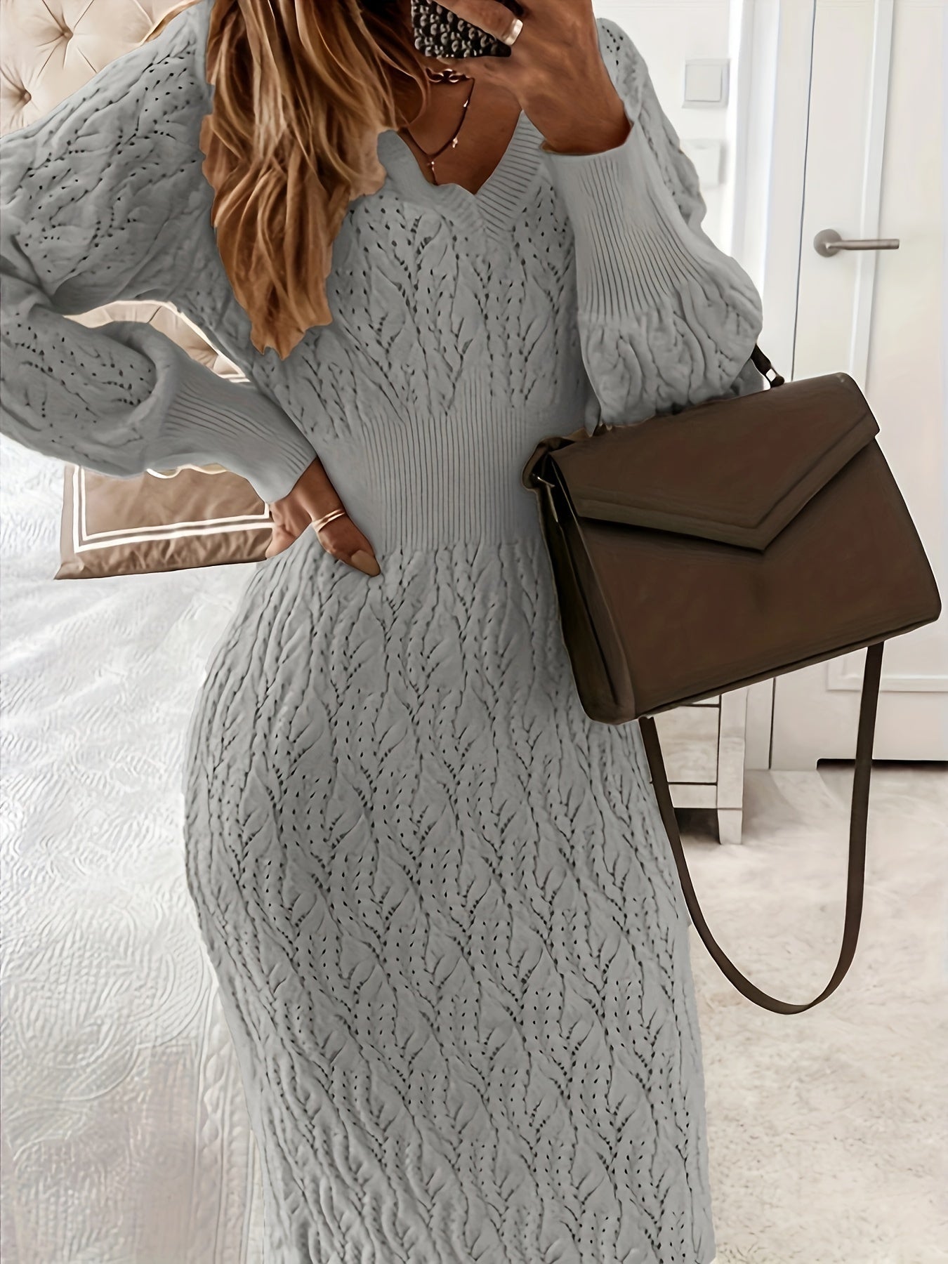 Chic Ladies' Long Sleeve V Neck Knee Length Dress