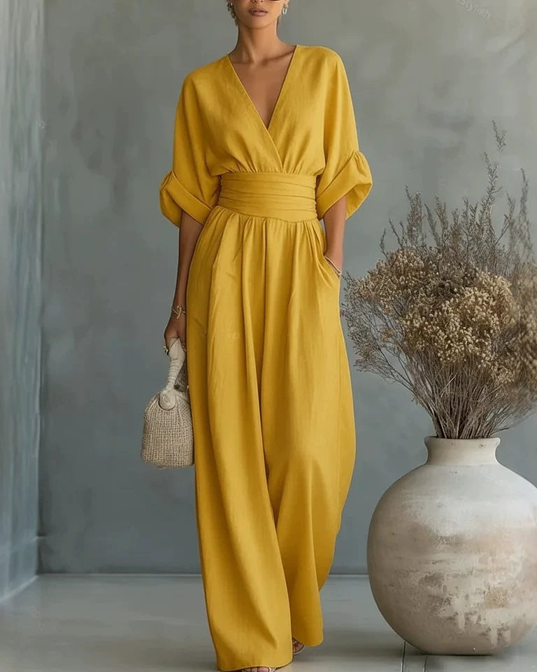 Women's Casual V-Neck Wide Leg Cotton Jumpsuit