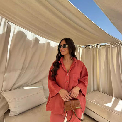 Women's Casual Cotton Wide Leg Pants and Long Sleeve Shirt Set