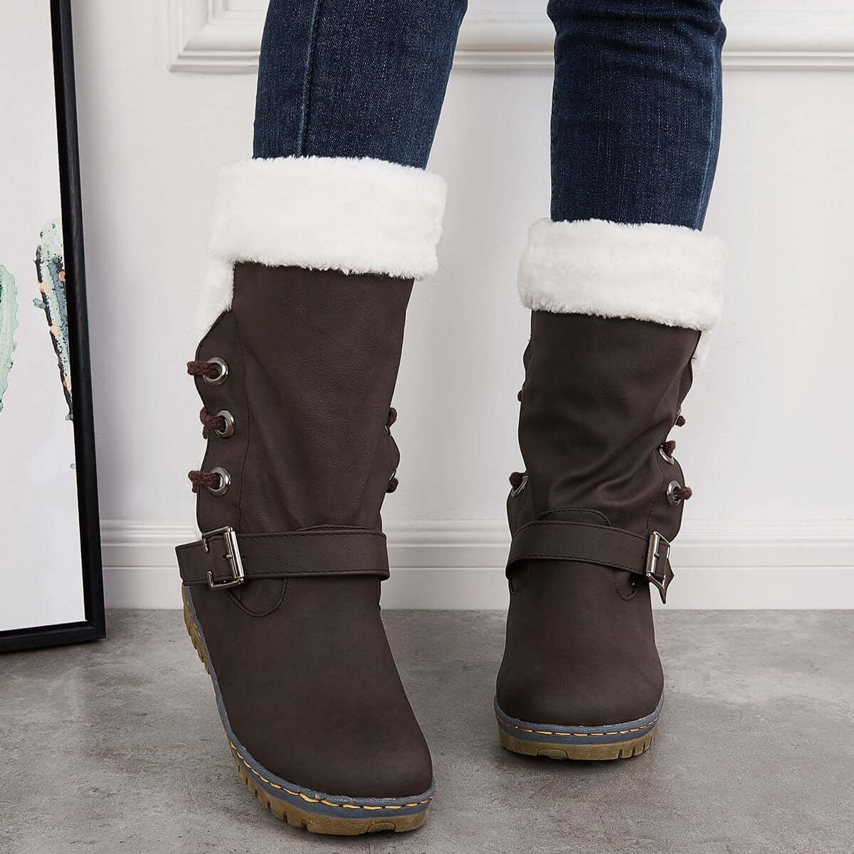 Mid Calf Winter Pull on Booties Mid Knee High Snow Boots