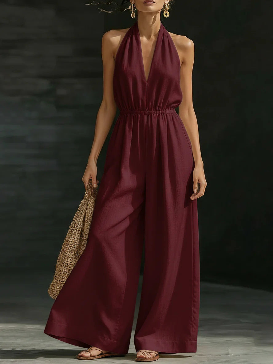 Women's Stylish V-Neck Halter Neck Wide-Leg Jumpsuit