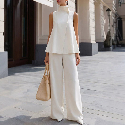 Women's Casual Sleeveless Stand-Collar Top and Wide-Leg Pants Set