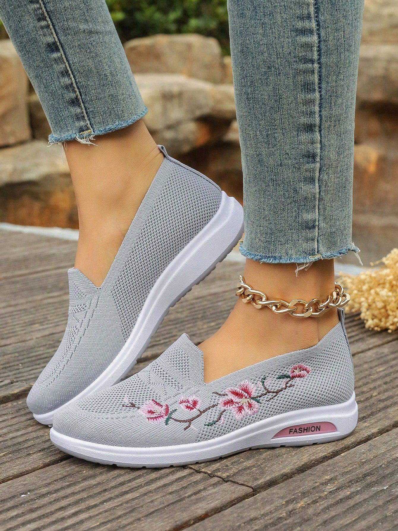 Sporty Sneakers For Women, Floral Embroidered Slip On Rocking Shoes