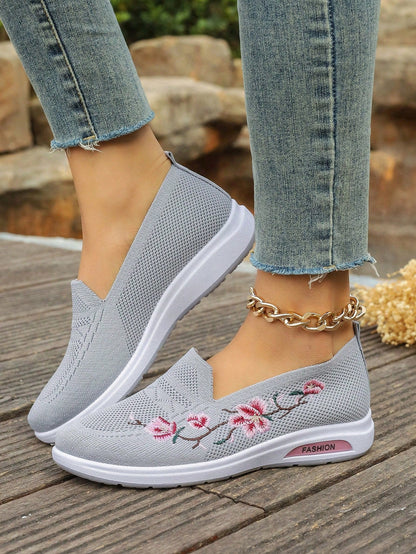 Sporty Sneakers For Women, Floral Embroidered Slip On Rocking Shoes