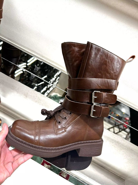Buckled Genuine Leather High Heel Boots - OutfitLondon