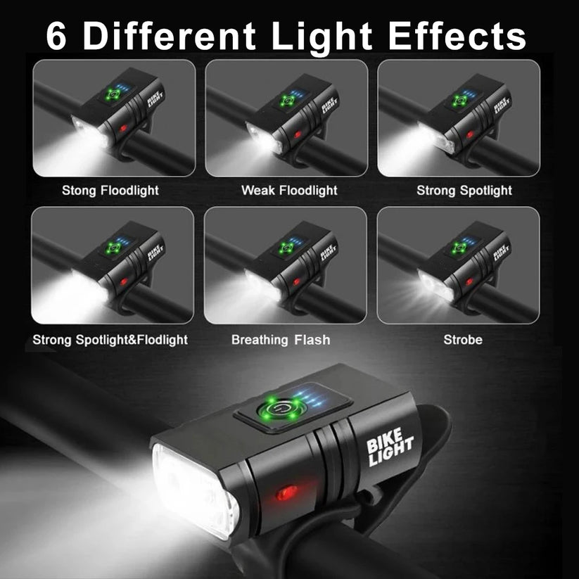 USB Rechargeable Bicycle Light Set - 1500 Lumens LED Headlight and Rear Light with 6 Modes for Night Riding Safety