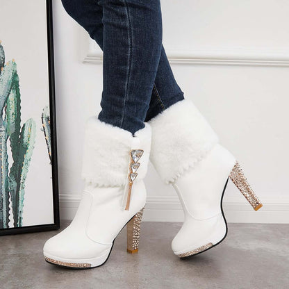 Rhinestone Faux Fur Lined Ankle Boots Chunky High Heel Booties