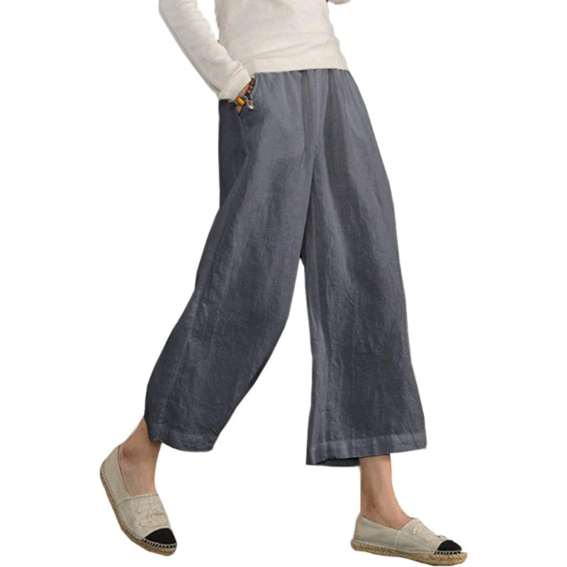 Women Loose Cotton Capris Cropped Wide Leg Pants
