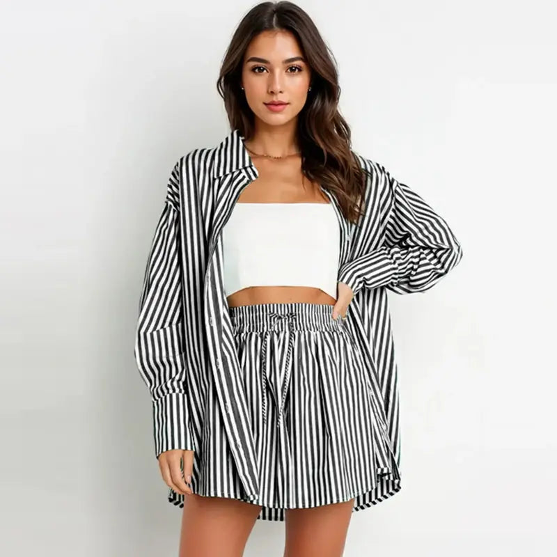 Casual Stripe Button Down Shirt and Shorts Set - OutfitLondon