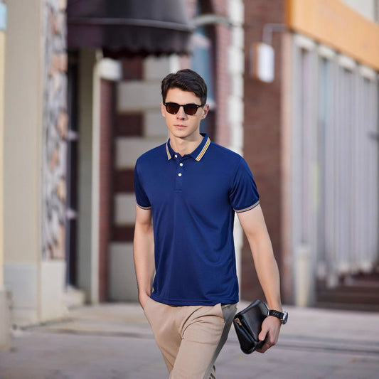 Men's Casual Cotton Short-Sleeve Polo Shirt with Lapel Collar