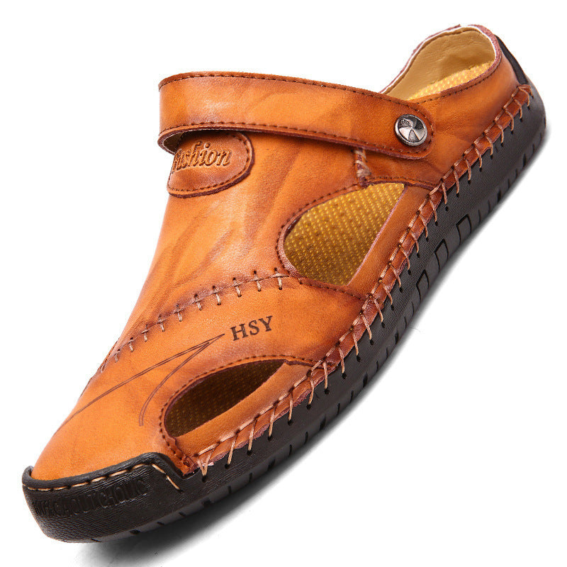 Men's Summer Hand Stitching Soft Outdoor Closed Toe Leather Beach Sandals Slippers