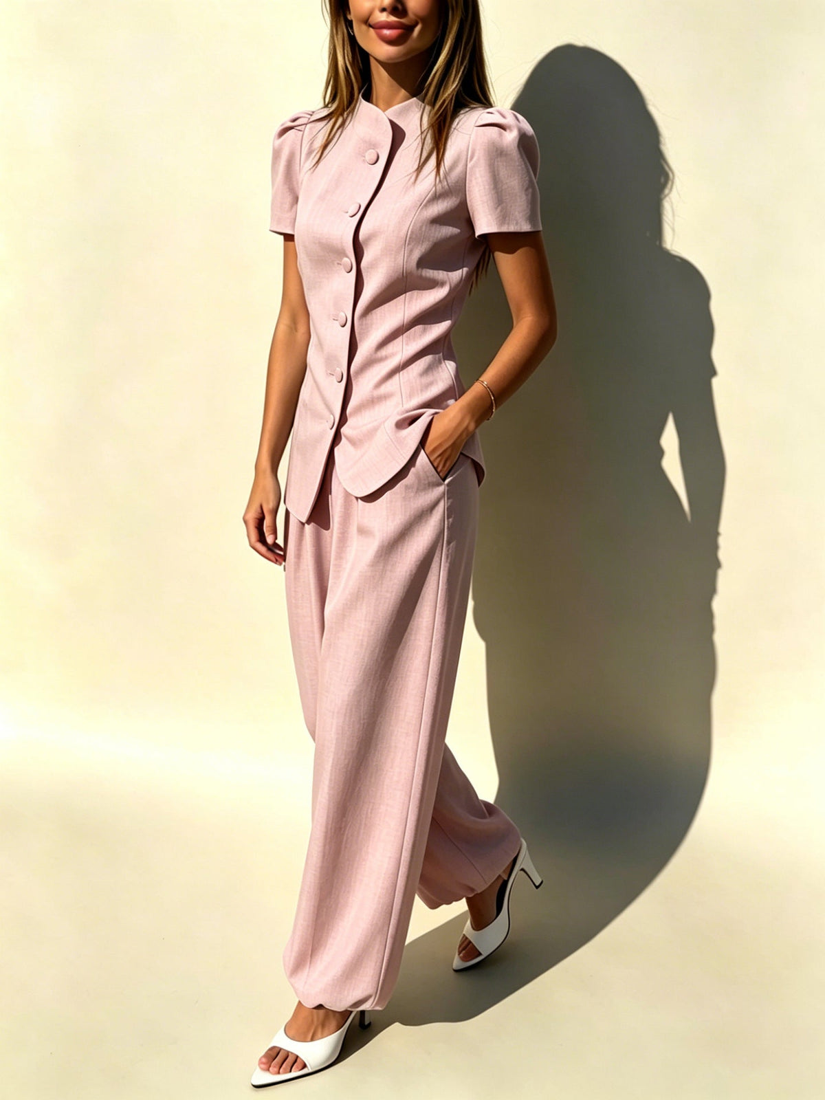 Women's Casual Lightweight Jacket and High-Waisted Trousers Set