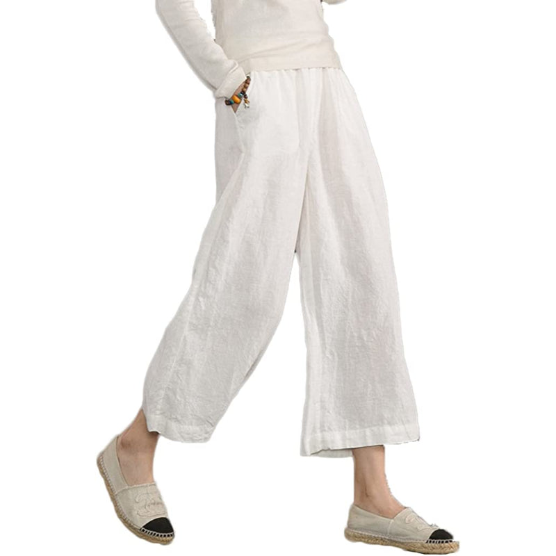 Women Loose Cotton Capris Cropped Wide Leg Pants
