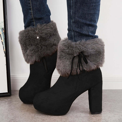 Furry Lined Ankle Snow Boots Platform Chunky High Heel Booties
