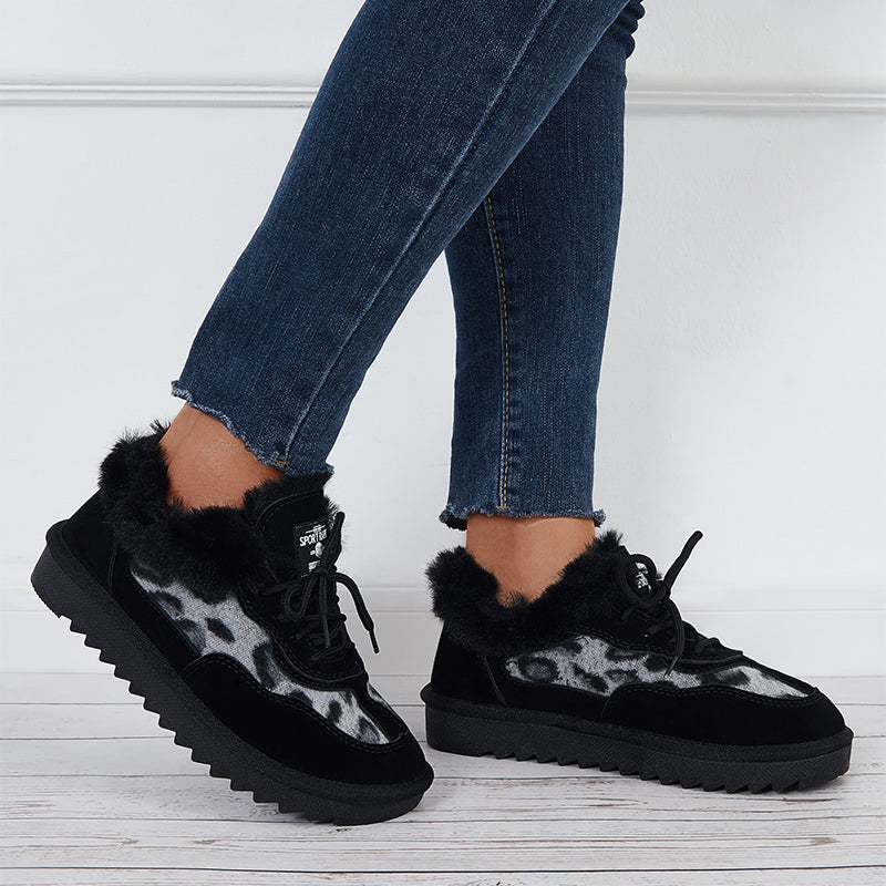 Leopard Lace Up Warm Flats Snow Boots Faux Fur Lined Loafer Shoes