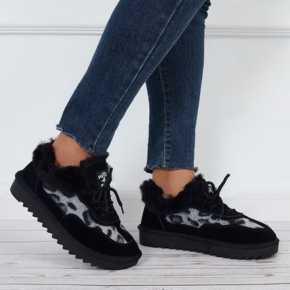 Leopard Lace Up Warm Flats Snow Boots Faux Fur Lined Loafer Shoes