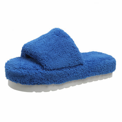 Open Toe Faux Fur Flat Slippers Soft Warm Slip on Furry Slippers