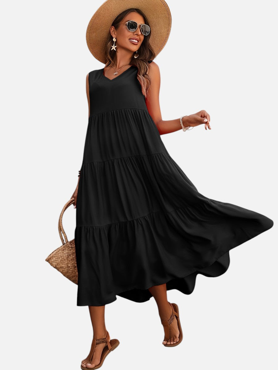 Women's Elegant V-Neck Tiered Maxi Dress