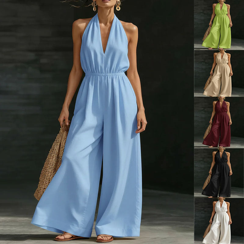 Women's Stylish V-Neck Halter Neck Wide-Leg Jumpsuit