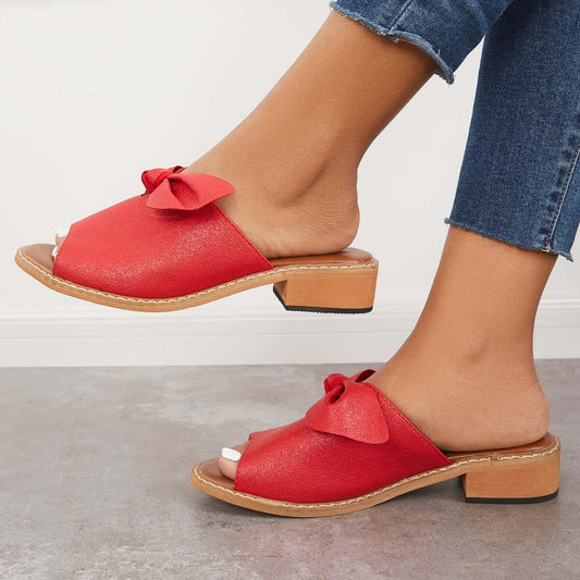 Womens Fashion Peep Toe Low Heel Bow Slippers