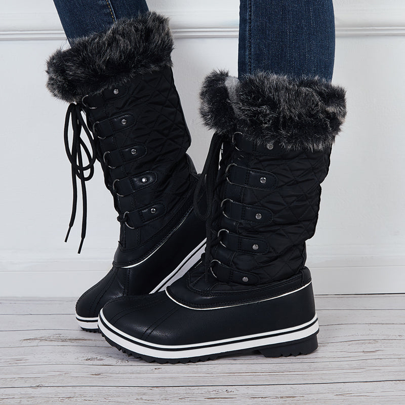 Warm Snow Boots Faux Fur Lined Lace up Mid Calf Winter Duck Boots
