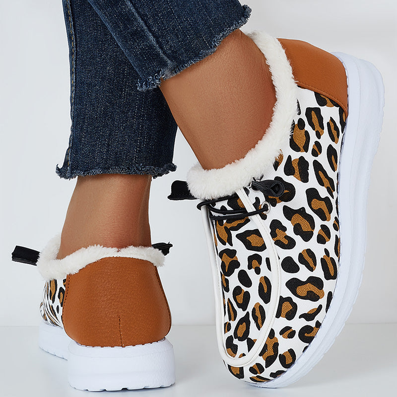 Leopard Winter Warm Flats Plush Faux Fur Lined Non Slip Boots
