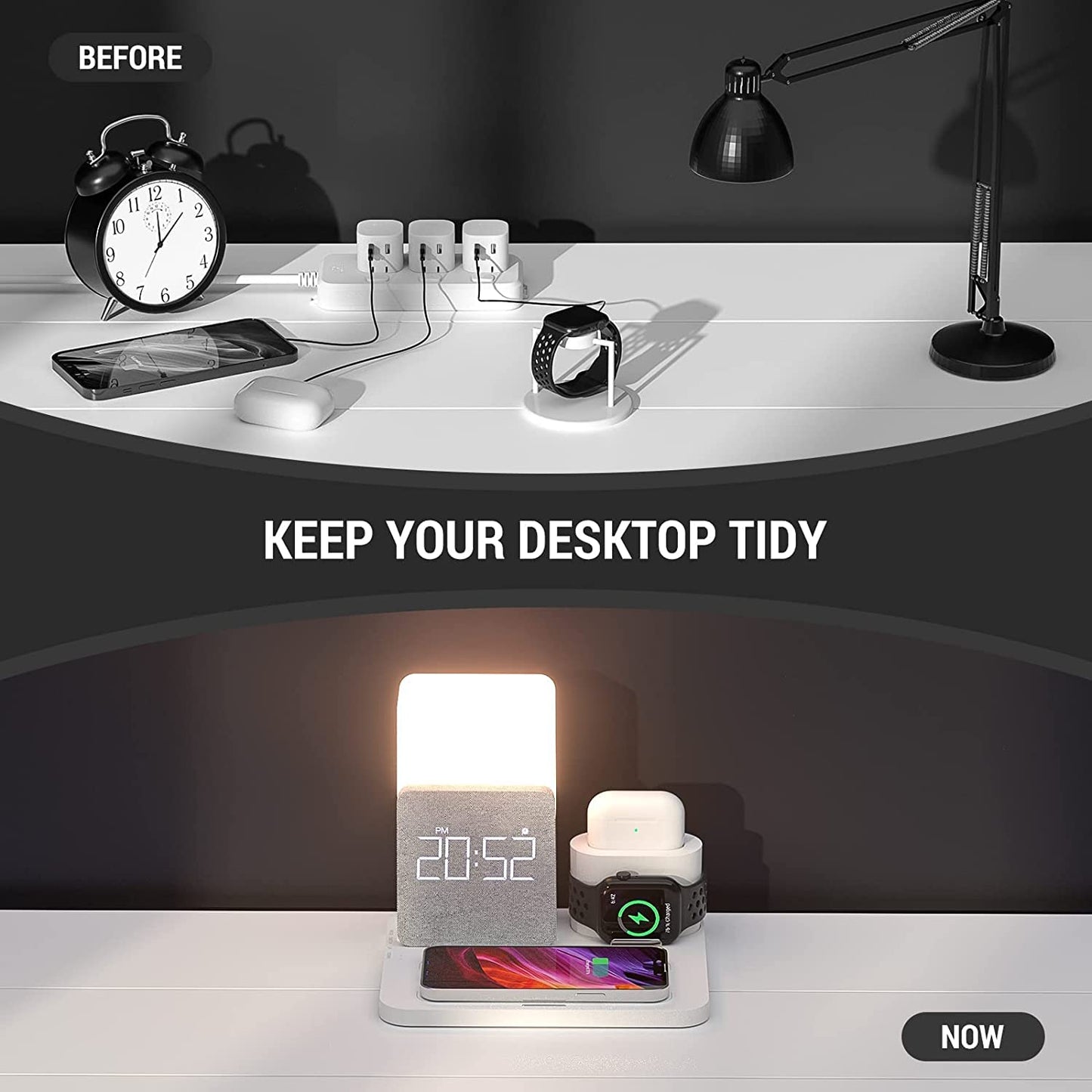 4 In 1 Fast Wireless Charger Station & Lamp With Alarm Clock