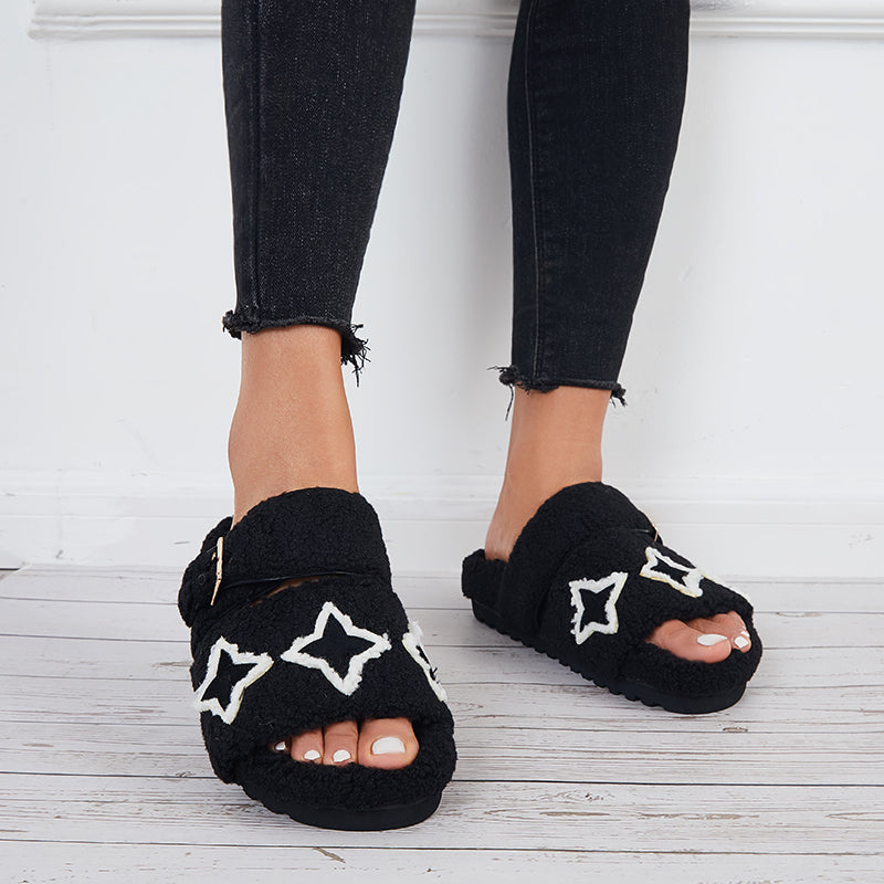 Open Toe Fluffy Slippers Faux Fur Lining Soft Footbed Shoes