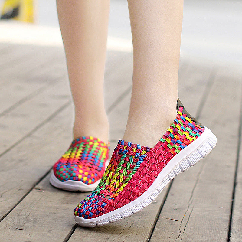Women Casual Flats Loafers Fantasy Color Mesh Hand Woven Shoes
