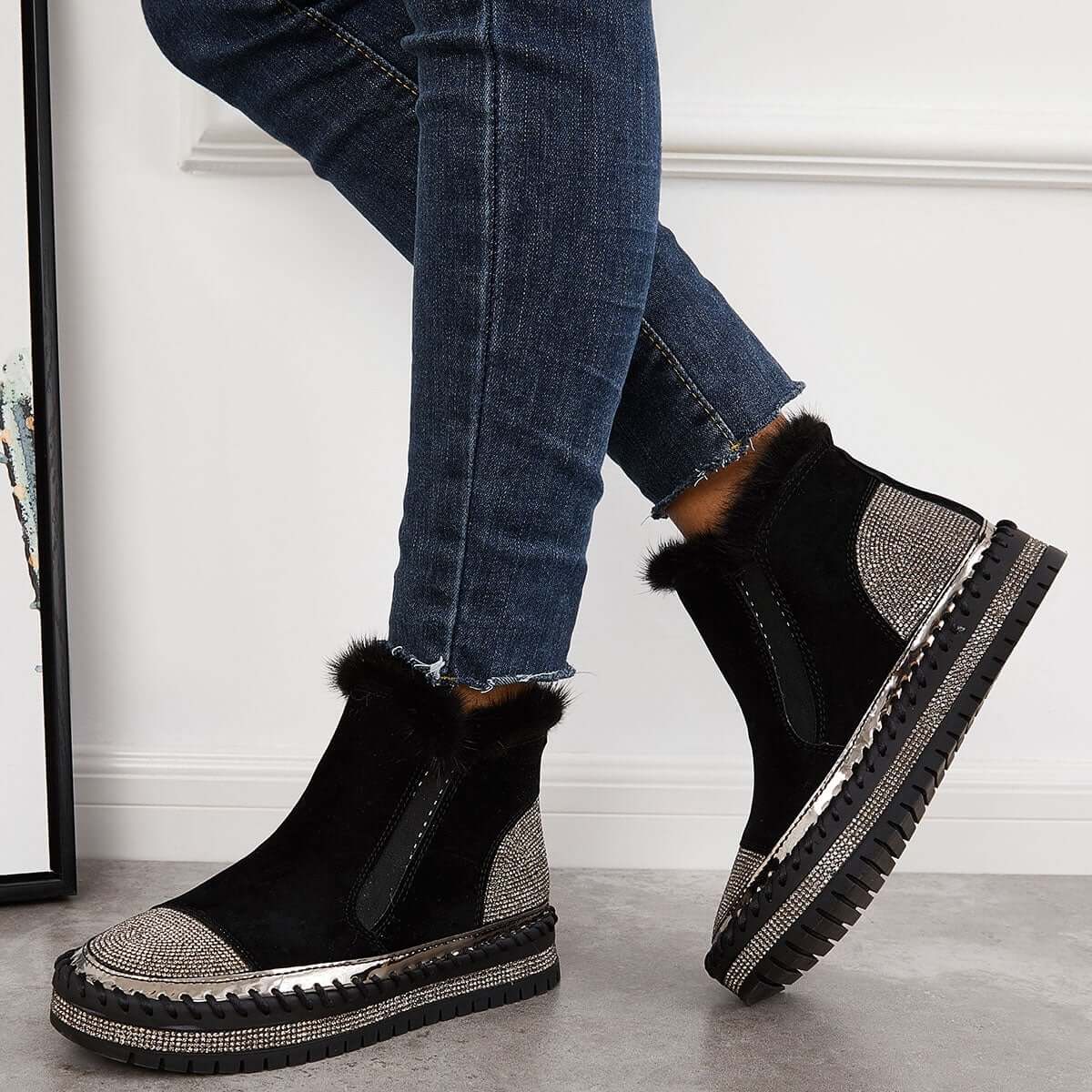 Warm Fur Lined Slip on Loafers Non Slip Ankle Boots