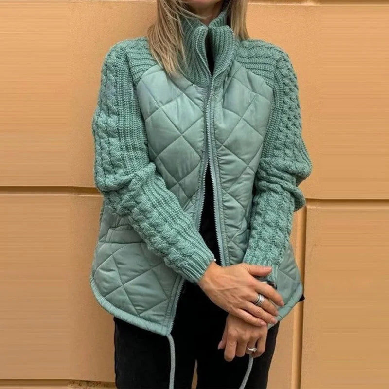 Warm Padded Women's Coat with Knit Sleeves